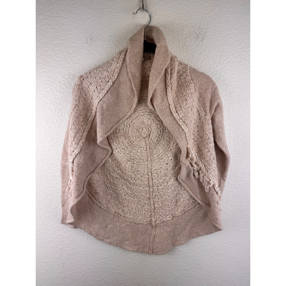 Anthropologie Knitted & Knotted Cardigan Wool Sz S Beige Crochet Fringe Boho‎